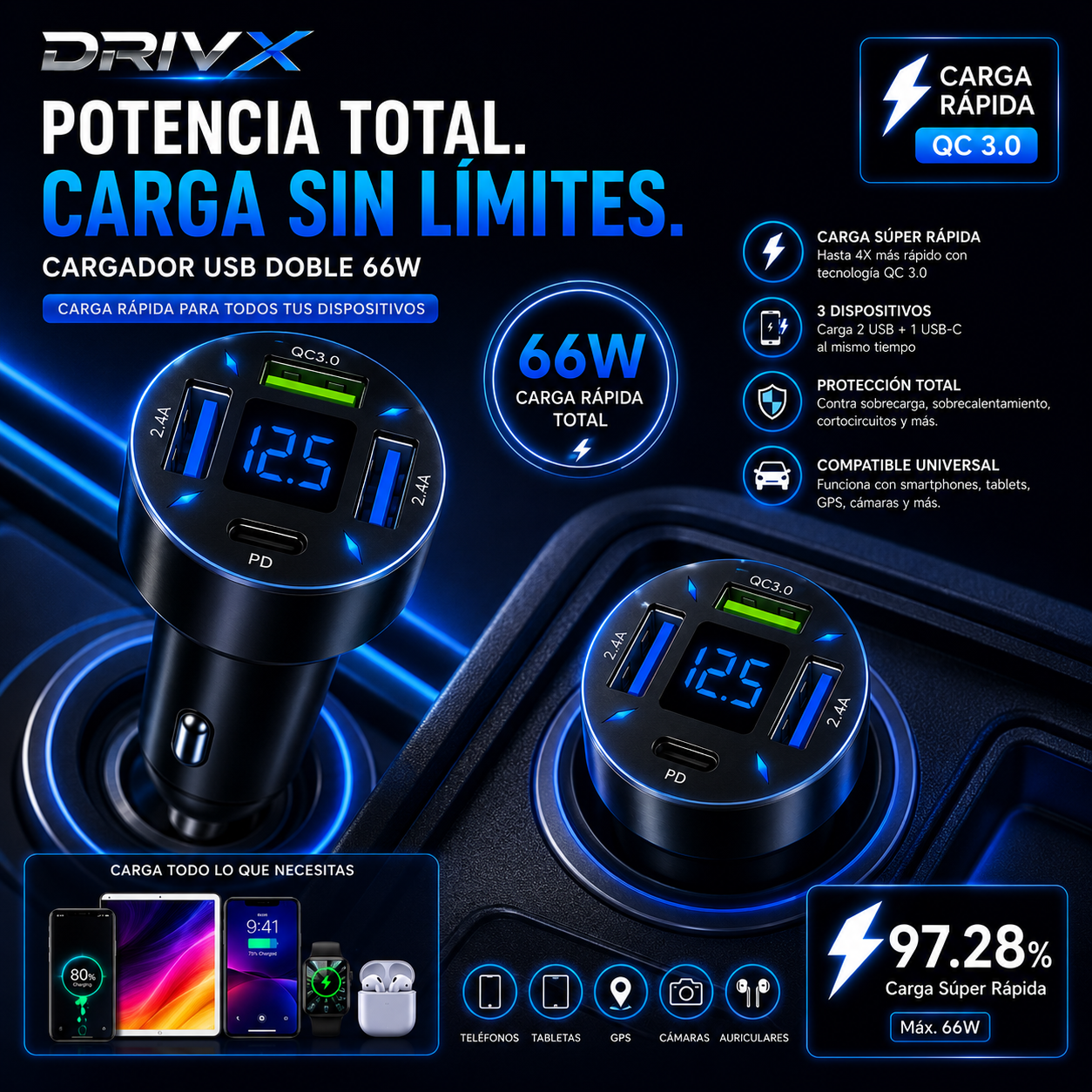 ⚡ Cargador USB DRIVX 4 Puertos – Carga Rápida para Todo tu Viaje