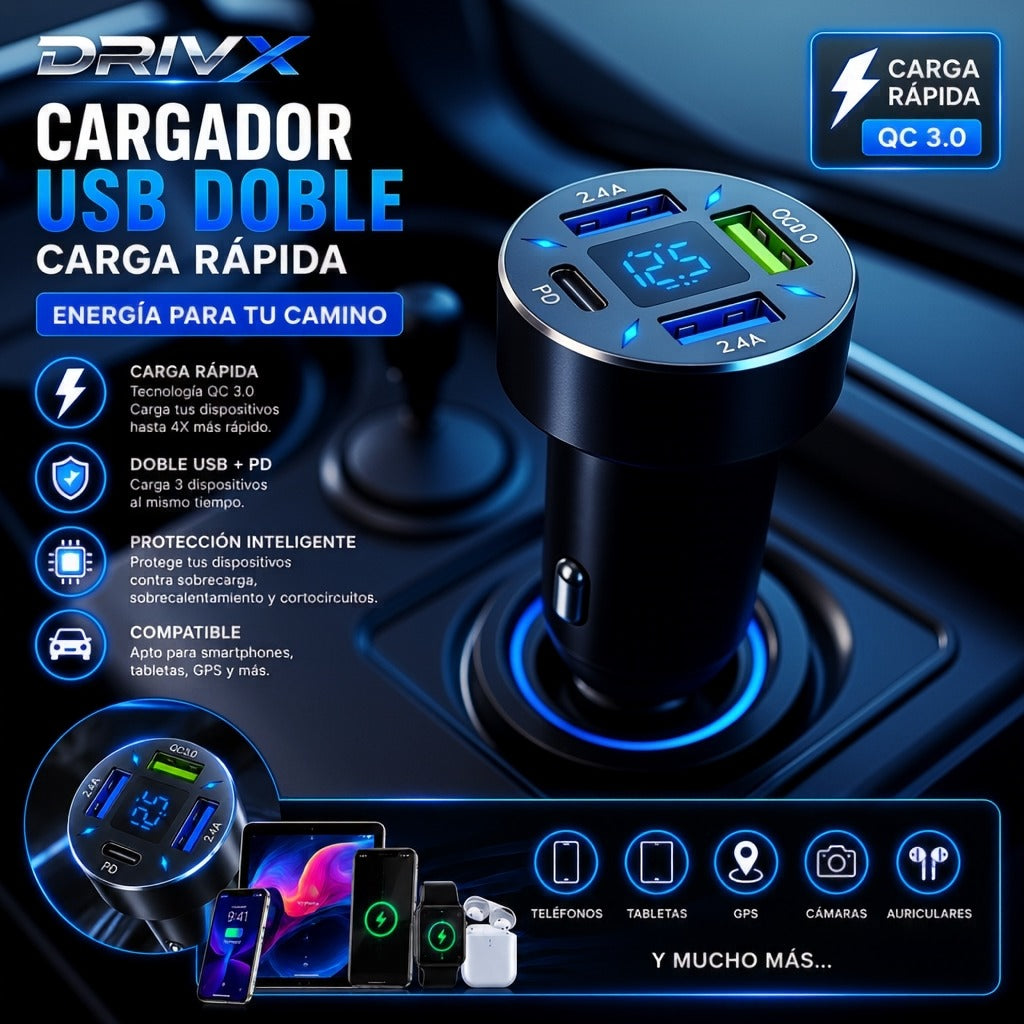 ⚡ Cargador USB DRIVX 4 Puertos – Carga Rápida para Todo tu Viaje