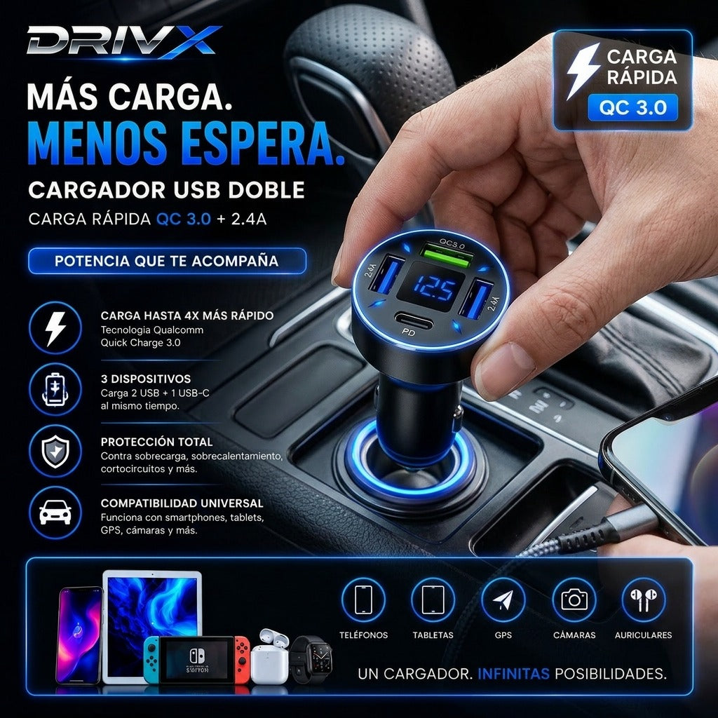 ⚡ Cargador USB DRIVX 4 Puertos – Carga Rápida para Todo tu Viaje